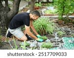 Man in gloves planting flowers on his backyard on sunny day. Gardening, farming and planting concept.