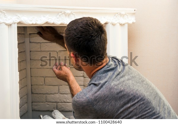 Man Glues Decorative Stone Fireplace Wall Stock Photo Edit Now