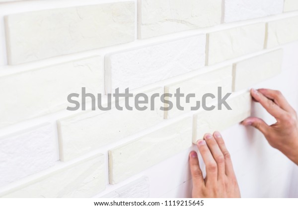 Man Gluing Plaster White Tiles On Stock Image Download Now