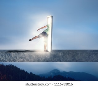 Man Goes Through A Door Portal. The Concept Of New Opportunity