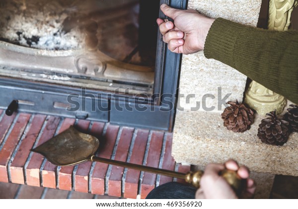 Man Going Clean Fireplace Open Door People Interiors Stock Image