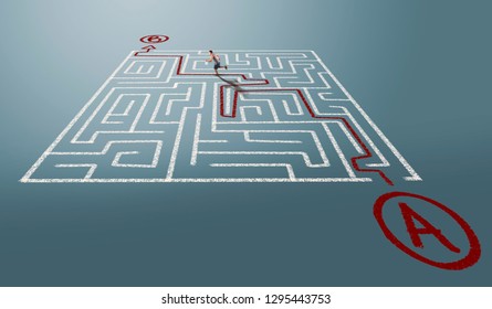 Man Going From Point A To Point B Through A Labyrinth.