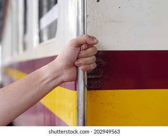 The man going up to  the train.
