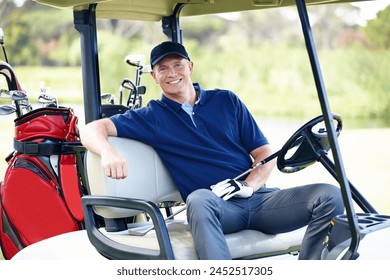 Man, golf cart and portrait for sports, fitness and exercise for hobby in summer outdoor. Golfer or happy person with equipment for adventure on field for training, activity and game on vacation - Powered by Shutterstock