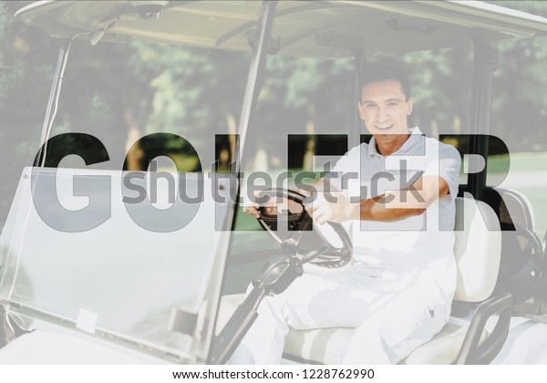 Man in Golf-Cart. Happy Guy Plays Golf. Man Has\
Sports in Sunny Day. Young Golfer Drives Golf Car. Summer Weekend.\
Luxury Recreation. Young Man is Golfing. Elite Sports. Transparent\
Text Effect.