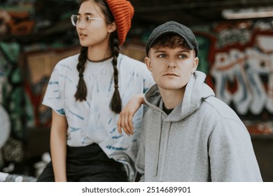 Man in gray hoodie and woman in tied dye tee - Powered by Shutterstock