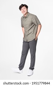 Man in gray shirt and pants casual wear fashion full body