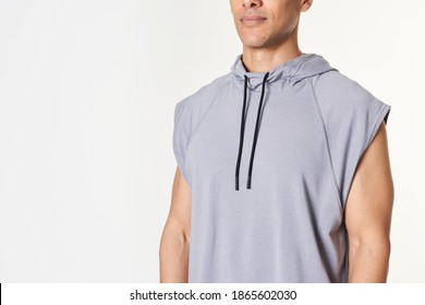 Man In A Gray Sleeveless Hoodie Mockup