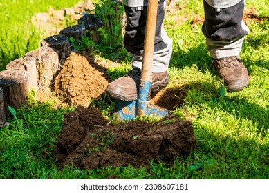 Man in gray work clothes digging hole with shovel to plant bushes in garden.