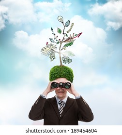 Man with green tree growing instead of hair. Environment friendly business concept