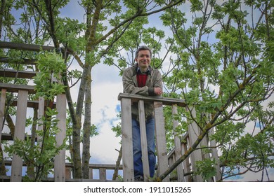 A Man In The Green Treehouse. Rural Tourism In Spring Time. Eco-village Concept In Harmony With Nature.