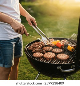 
Man grilling burgers, sausages, and vegetables on a charcoal kettle grill during golden hour. Perfect for summer BBQ, outdoor cooking, and food themes
