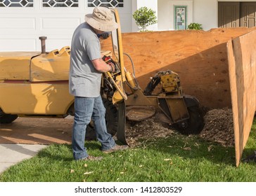 Man Grinding A Tree Stump, Grinding The Stumps And Roots Into Small Chips