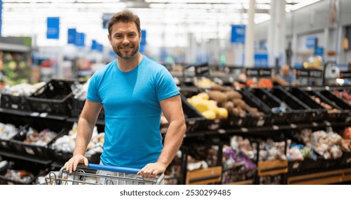 Man with grocery basket shopping at supermarket. Grocery store, shopping basket. Banner with man for grocery food store or supermarket. Man choosing food in store or grocery store. - Powered by Shutterstock