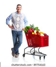 Man With A Grocery Shopping Cart. Isolated Over White Background.