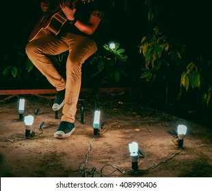 man - guitar - Night - light
