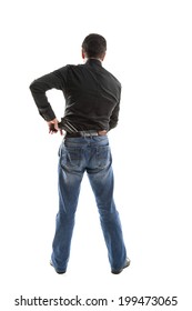 Man With A Gun Behind His Back,isolated On White Background