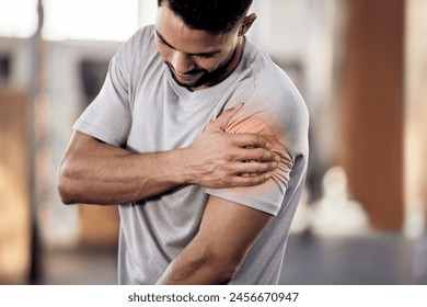 Man, gym or bodybuilder with shoulder pain in workout, training injury or fitness cardio in accident. Red glow, hurt arm muscle or injured athlete in exercise emergency with bruise, ache or agony - Powered by Shutterstock