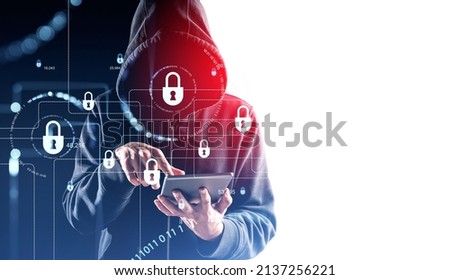 Man hacker finger touch tablet, lock chain and binary coding. Concept of cyberattack and big data protection. Mockup copy space