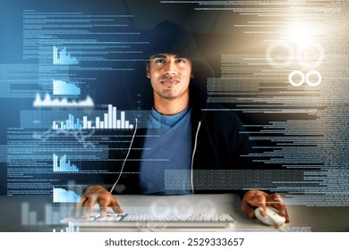 Man, hacker and malware hologram with code and virus installation for firewall bypass and hub. Database, overlay and dashboard with analytics and programming and cyber security crime on software