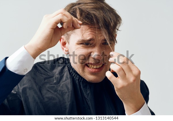 Man Hairdresser Looks Hair Bad Haircut Stock Photo Edit Now