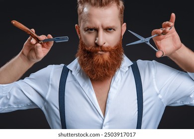 Man hairdressing and barbering. Hairdresser at barbershop isolated on black. Hairdresser man. Professional barber man hold retro razor. Handsome hairstylist with haircut. Barbershop. Vibrant hair - Powered by Shutterstock