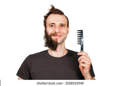 Man With Half Shaved Beard Surprised With Smile Hold  Hair Comb. Isolated On White Background