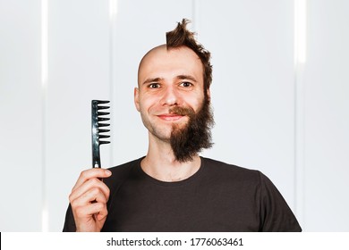 Man With Half Shaved Hair Head. Holding Comb Guy Before And After Transplant And Alopecia