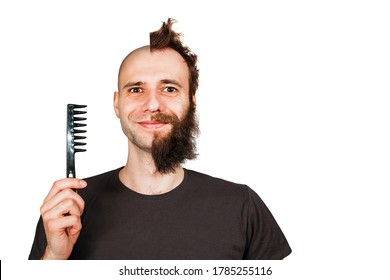 Man With Half Shaved Hair Head. Holding Comb Guy Before And After Transplant And Alopecia. Isolated On White Background.