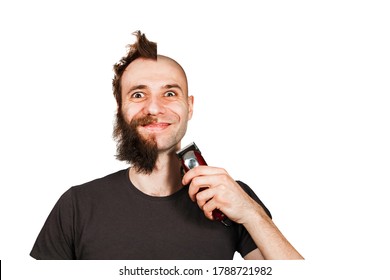 Man With Half Shaved Hair Head. Holding Trimmer. Guy Before And After Transplant And Alopecia. Isolated On White.