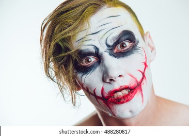 Man With Halloween Face Art On White Background