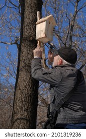 A Man With A Hammer In His Hands Attaches A Birdhouse High Up In A Tree. Nature Preservation. Ecology Concept. Sunny Day, Blue Sky.