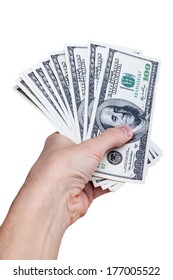 Man Hand With 100 Dollar Bills Isolated On A White Background