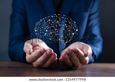 man hand brain in screen