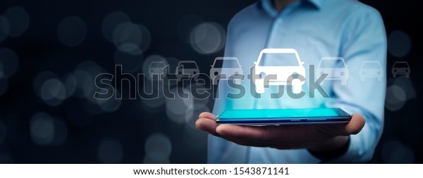 man hand car model\
with tablet in screen
