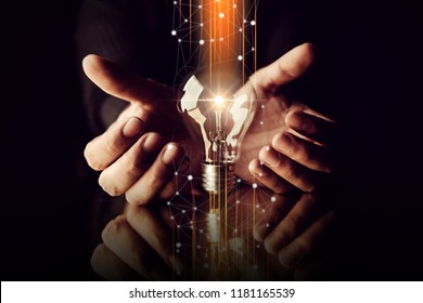 Man Hand Choose Glow Light Bulb Creativity Business Ideas Concept Black Background