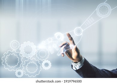 Man Hand Clicks On Abstract Virtual Robotics Technology Hologram On Blurred Office Background, Artificial Intelligence And Machine Learning Concept. Multi Exposure