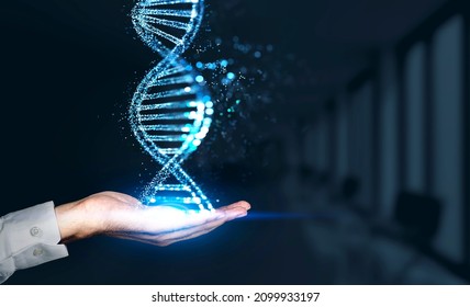 Man Hand Closeup, Holding A Blue DNA On Dark Background. Dna Structure And Cells, Bokeh Lights. Concept Of Biotechnology And Science, Genetic Material. Medicine And Innovation