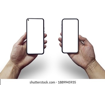 Man hand comparing two new smartphone. Isolated on white background