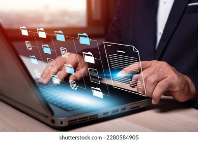 Man hand do Document Management System (DMS), online documentation database and process automation to efficiently manage files, knowledge and documentation in enterprise with ERP. business technology