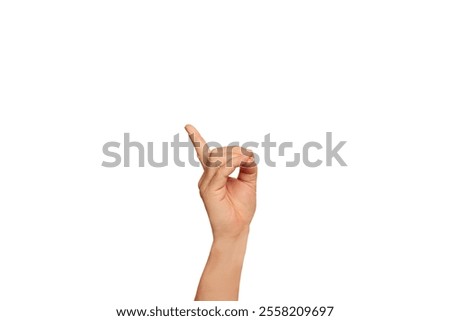 Man hand doing up pointing gesture on a white background