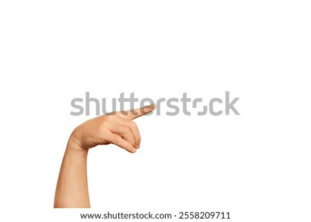 Man hand doing pointing gesture to the right on a white background