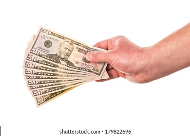 Man Hand With Dollars Isolated On A White Background