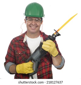 Man With Hand Electric Saber Saw 