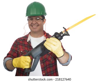 Man With Hand Electric Saber Saw 