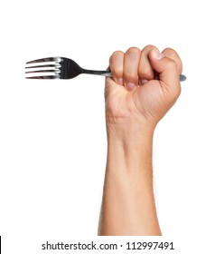 Man Hand With Fork Isolated On White Background