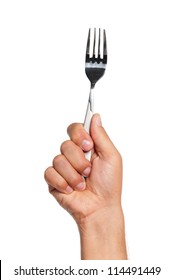 Man Hand With Fork Isolated On White Background