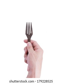 Man Hand With Fork Isolated On White Background