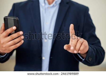 Man, hand gesture and wait a second in busy, cellphone and business on texting with client for call. Male person, finger up and interruption in communication on technology for social media or message