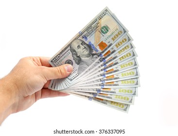 Man Hand Giving 100 Dollar Bills Isolated On White Background